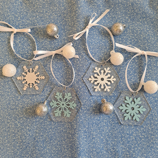 Blue and Silver shimmer ornaments, set of four.